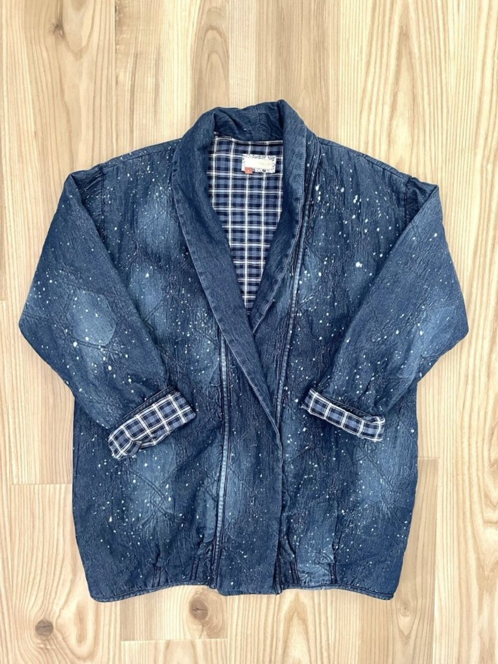 Anthropologie Quilted Kimono Jacket Paint Splatter Artsy Pockets Blue size Small